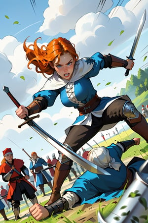 18 year old Russian named Joanna, large breasts, slender fit body, slim fit body, freckles, detailed picture, ginger hair, hairstyle, blue perfect yes,  (beautiful detailed eyes), BREAK A young Russian woman medieval warrior in rage fights against some barbarians using her long sword, under an intense rain, dramatic scene, full body view, action pose, fighting Barbarians, sword fight, Medieval fight, dynamic view, dutch_angle, ninja, Medieval outfit, hardcore fight, 1girl, barbarians, Medieval warrior,  