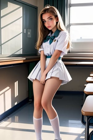 17 year old Russian in a school room wearing a school uniform, best quality, amazing quality, very aesthetic, absurdres, depth of field, 1girl, solo, upside-down, bent over, standing, school uniform, white pantie,