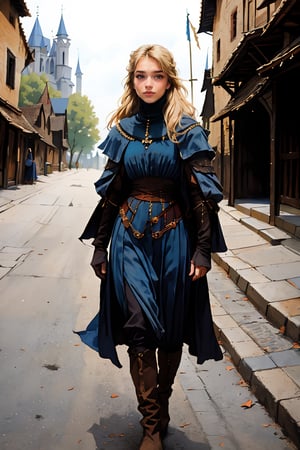 17 year old Medieval girl, named Sophie, medium blonde hair, blue eyes, medium breast, dynamic view, teen peasant girl, full body, 17 years old, (masterpiece), ultra high resolution, 8k, masterpiece UHD, unparalleled masterpiece, ultra realistic 8K, Atmospheric perspective. ((beautiful peasant girl 17 years old)) blonde, in medivel Europe, in a dark medieval village, Medieval Europe village, dark mood, (wearing peasant clothes), Medieval Time, Medieval Era, Medieval Castle in distant background, wearing torned peasant clothes, shes a street whore, wearing almost no clothes, all her clothes are trashed ,torn clothes, busy medieval street, 