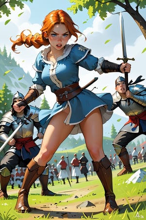 18 year old Russian named Joanna, large breasts, slender fit body, slim fit body, freckles, detailed picture, ginger hair, hairstyle, blue perfect yes,  (beautiful detailed eyes), BREAK A young Russian woman medieval warrior in rage fights against some barbarians using her long sword, under an intense rain, dramatic scene, full body view, action pose, fighting Barbarians, sword fight, Medieval fight, dynamic view, dutch_angle, ninja, Medieval outfit, hardcore fight, 1girl, barbarians, Medieval warrior,  