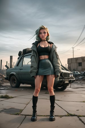 19 year old Russian girl, named Sophie slender fit body, fit body, slim body, ((long blonde hair), blue shape eyes,medium breast, fit body, teen girl, full body, 19 years old, (masterpiece),{{full body portrait}}, A lonely 18yr old girl in a nuclear wasteland. Wearing a dark grey low rise miniskirt, low waist miniskirt, {{chunky knit croptop cleavage sweater}} and long military parka, {{{exposed tummy and cleavage}}}, showing lots of thigh, bare legs, combat boots. faded green hair in twin pigtails, smudged dark gothic eye makeup. Concrete wall with Graffiti, The once thriving city now lies in ruins, with crumbling buildings and abandoned vehicles scattered amidst the desolation. Nature has started to reclaim the territory, with ((plants growing through cracks in the concrete)). The atmosphere is eerie, with a sense of loneliness and despair hanging in the air. The scene is bathed in a dark and moody light, emphasizing the post-apocalyptic setting. The girl's expression reflects her loneliness and the weight of the world she carries on her shoulders. The colors are muted, with a desaturated and faded palette, further enhancing the desolate mood of the scene., eyeliner, eyeshadow,SAM YANG,Solo girl,furiosaimp,1girl,DonMW4573L4nd