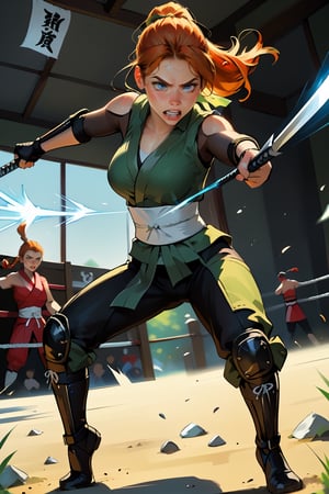 18 year old Russian named Joanna, large breasts, slender fit body, slim fit body, freckles, detailed picture, ginger hair, hairstyle, blue perfect yes,  (beautiful detailed eyes), BREAK A young Russian woman in rage brandishes a Japanese sword under an intense rain, dramatic scene, full body view, action pose, fighting a ninja, fight, nija fight, dynamic view, dutch_angle, ninja, ninja outfit, hardcore fight, 1girl, oNinja