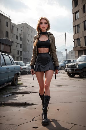 18 year old Russian girl, named Sophie slender fit body, fit body, slim body, ((long blonde hair), blue shape eyes,medium breast, fit body, teen girl, full body, 18 years old, (masterpiece),{{full body portrait}}, A lonely 18yr old girl in a nuclear wasteland. Wearing a dark grey low rise miniskirt, low waist miniskirt, {{chunky knit croptop cleavage sweater}} and long military parka, {{{exposed tummy and cleavage}}}, showing bruises on her legs, bare legs, combat boots, faded light brown hair in twin pigtails, smudged dark gothic eye makeup, ((shes holding a shotgun)).wasteland on the background, The once thriving city now lies in ruins, with crumbling buildings and abandoned vehicles scattered amidst the desolation and Zombies. Nature has started to reclaim the territory, with ((plants growing through cracks in the concrete)). The atmosphere is eerie, with a sense of loneliness and despair hanging in the air. The scene is bathed in a dark and moody light, emphasizing the post-apocalyptic setting. (((The girl's expression reflects her loneliness and the weight of the world she carries on her shoulders.))) The colors are muted, with a desaturated and faded palette, further enhancing the desolate mood of the scene., eyeliner, eyeshadow,SAM YANG,Solo girl,furiosaimp,1girl,DonMW4573L4nd, view, looking_at_viewer, looking, zombies all over, zombies Dark_Mediaval