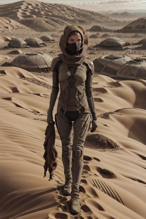 18 year old Russian girl, light brown hair girl, named Ivanna textured skin, ambient light, realistic shadows, beautiful detailed eyes, slender body, slim fit body, fit teen girl,  [[FULL BODY]], BREAK, Ivanna arrived on planet Arrakis (((DUNE))), shes wearing a stillsuit a respirator mask from Dune movie, at the background you see the arid landscape of planet Arrakis, ((Ivanna just arrived on the arid planet her spaceship crashed on the arid desert planet)), her spaceship is crashed in the arid landscape of the planet arrakis, Ivanna is observing the spaceship from a distance,Solo girl