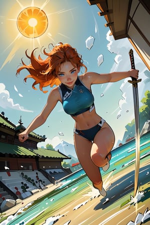 18 year old Russian named Joanna, large breasts, slender fit body, slim fit body, freckles, detailed picture, ginger hair, hairstyle, blue perfect yes,  (beautiful detailed eyes), BREAK A young Japanese woman soaked in sweat brandishes a Japanese sword under the scorching sun, full body view, action pose, jumping, jump, dynamic view, dutch_angle