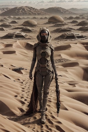 18 year old Russian girl, light brown hair girl, named Ivanna textured skin, ambient light, realistic shadows, beautiful detailed eyes, slender body, slim fit body, fit teen girl,  [[FULL BODY]], BREAK, Ivanna arrived on planet Arrakis (((DUNE))), shes wearing a stillsuit a respirator mask from Dune movie, at the background you see the arid landscape of planet Arrakis, ((Ivanna just arrived on the arid planet her spaceship crashed on the arid desert planet)), her spaceship is crashed in the arid landscape of the planet arrakis, Ivanna is observing the spaceship from a distance,Solo girl