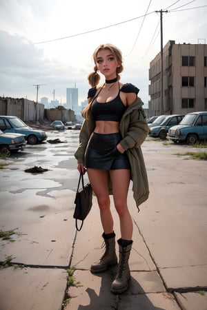 18 year old Russian girl, named Sophie slender fit body, fit body, slim body, ((long blonde hair), blue shape eyes,medium breast, fit body, teen girl, full body, 18 years old, (masterpiece),{{full body portrait}}, A lonely 18yr old girl in a nuclear wasteland. Wearing a dark grey low rise miniskirt, low waist miniskirt, {{chunky knit croptop cleavage sweater}} and long military parka, {{{exposed tummy and cleavage}}}, showing lots of thigh, bare legs, combat boots, faded light brown hair in twin pigtails, smudged dark gothic eye makeup, shes holding a shotgun. Concrete wall with Graffiti, The once thriving city now lies in ruins, with crumbling buildings and abandoned vehicles scattered amidst the desolation and Zombies. Nature has started to reclaim the territory, with ((plants growing through cracks in the concrete)). The atmosphere is eerie, with a sense of loneliness and despair hanging in the air. The scene is bathed in a dark and moody light, emphasizing the post-apocalyptic setting. (((The girl's expression reflects her loneliness and the weight of the world she carries on her shoulders.))) The colors are muted, with a desaturated and faded palette, further enhancing the desolate mood of the scene., eyeliner, eyeshadow,SAM YANG,Solo girl,furiosaimp,1girl,DonMW4573L4nd, view, looking_at_viewer, looking, zombies all over, zombies Dark_Mediaval