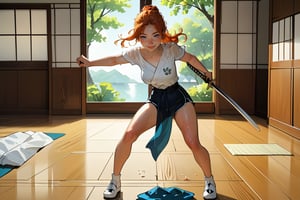 18 year old Russian named Joanna, large breasts, slender fit body, slim fit body, freckles, detailed picture, ginger hair, hairstyle, blue perfect yes,  (beautiful detailed eyes), BREAK A young Japanese woman soaked in sweat brandishes a Japanese sword under the scorching sun, full body view, action pose