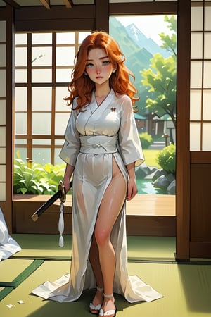 18 year old Russian named Joanna, large breasts, slender fit body, slim fit body, freckles, detailed picture, ginger hair, hairstyle, (beautiful detailed eyes), BREAK A young Japanese woman soaked in sweat brandishes a Japanese sword under the scorching sun, full body view