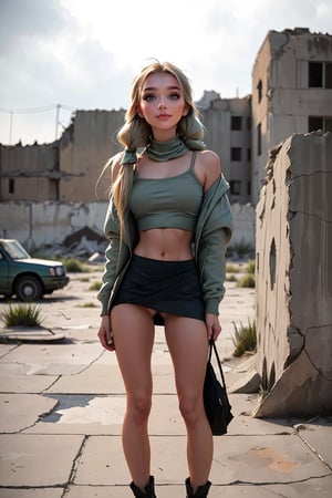 19 year old Russian girl, named Sophie, ((long blonde hair), blue shape eyes,medium breast, fit body, teen girl, full body, 19 years old, (masterpiece),{{full body portrait}}, A lonely 18yr old girl in a nuclear wasteland. Wearing a dark grey low rise miniskirt, low waist miniskirt, {{chunky knit croptop sweater}} and long military parka, {{{exposed tummy}}}, showing lots of thigh, bare legs, combat boots. faded green hair in twin pigtails, smudged dark gothic eye makeup. Concrete wall with Graffiti, The once thriving city now lies in ruins, with crumbling buildings and abandoned vehicles scattered amidst the desolation. Nature has started to reclaim the territory, with ((plants growing through cracks in the concrete)). The atmosphere is eerie, with a sense of loneliness and despair hanging in the air. The scene is bathed in a dark and moody light, emphasizing the post-apocalyptic setting. The girl's expression reflects her loneliness and the weight of the world she carries on her shoulders. The colors are muted, with a desaturated and faded palette, further enhancing the desolate mood of the scene., eyeliner, eyeshadow, skirt_lift ,SAM YANG