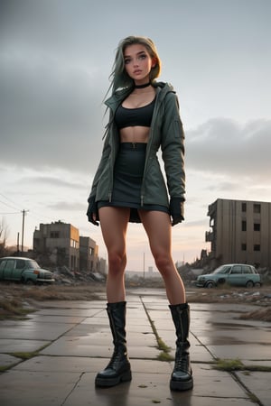 19 year old Russian girl, named Sophie slender fit body, fit body, slim body, ((long blonde hair), blue shape eyes,medium breast, fit body, teen girl, full body, 19 years old, (masterpiece),{{full body portrait}}, A lonely 18yr old girl in a nuclear wasteland. Wearing a dark grey low rise miniskirt, low waist miniskirt, {{chunky knit croptop cleavage sweater}} and long military parka, {{{exposed tummy and cleavage}}}, showing lots of thigh, bare legs, combat boots. faded green hair in twin pigtails, smudged dark gothic eye makeup. Concrete wall with Graffiti, The once thriving city now lies in ruins, with crumbling buildings and abandoned vehicles scattered amidst the desolation. Nature has started to reclaim the territory, with ((plants growing through cracks in the concrete)). The atmosphere is eerie, with a sense of loneliness and despair hanging in the air. The scene is bathed in a dark and moody light, emphasizing the post-apocalyptic setting. The girl's expression reflects her loneliness and the weight of the world she carries on her shoulders. The colors are muted, with a desaturated and faded palette, further enhancing the desolate mood of the scene., eyeliner, eyeshadow,SAM YANG,Solo girl,furiosaimp,1girl,DonMW4573L4nd