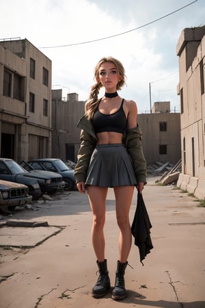 18 year old Russian girl, named Sophie slender fit body, fit body, slim body, ((long blonde hair), blue shape eyes,medium breast, fit body, teen girl, full body, 18 years old, (masterpiece),{{full body portrait}}, A lonely 18yr old girl in a nuclear wasteland. Wearing a dark grey low rise miniskirt, low waist miniskirt, {{chunky knit croptop cleavage sweater}} and long military parka, {{{exposed tummy and cleavage}}}, showing bruises on her legs, bare legs, combat boots, faded light brown hair in twin pigtails, smudged dark gothic eye makeup, ((shes holding a shotgun)).wasteland on the background, The once thriving city now lies in ruins, with crumbling buildings and abandoned vehicles scattered amidst the desolation and Zombies. Nature has started to reclaim the territory, with ((plants growing through cracks in the concrete)). The atmosphere is eerie, with a sense of loneliness and despair hanging in the air. The scene is bathed in a dark and moody light, emphasizing the post-apocalyptic setting. (((The girl's expression reflects her loneliness and the weight of the world she carries on her shoulders.))) The colors are muted, with a desaturated and faded palette, further enhancing the desolate mood of the scene., eyeliner, eyeshadow,SAM YANG,Solo girl,furiosaimp,1girl,DonMW4573L4nd, view, looking_at_viewer, looking, zombies all over, zombies Dark_Mediaval
