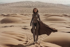 18 year old Russian girl, light brown hair girl, named Ivanna textured skin, ambient light, realistic shadows, beautiful detailed eyes, slender body, slim fit body, fit teen girl,  [[FULL BODY]], BREAK, Ivanna arrived on planet Arrakis (((DUNE))), shes wearing a stillsuit from Dune movie, at the background you see the arid landscape of planet Arrakis, ((Ivanna just arrived on the arid planet her spaceship crashed on the arid desert planet)) 