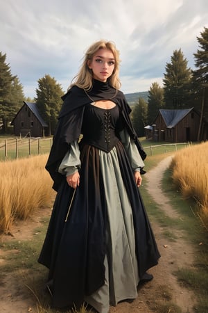 17 year old Medieval girl, named Sophie, medium blonde hair, blue eyes, medium breast, dynamic view, teen girl, full body, 17 years old, (masterpiece),, ultra high resolution, 8k, masterpiece UHD, unparalleled masterpiece, ultra realistic 8K, Atmospheric perspective. ((beautiful village girl 17 years old )) blonde, in medivel Europe, in a dark medieval village, pine trees, cottage, dark mood, (wearing whore medieval clothes), Medieval Time, Medieval Era, Medieval Castle in distant background, wearing medieval outfit, shes a street whore 