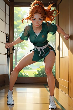 18 year old Russian named Joanna, large breasts, slender fit body, slim fit body, freckles, detailed picture, ginger hair, hairstyle, blue perfect yes,  (beautiful detailed eyes), BREAK A young Japanese woman soaked in sweat brandishes a Japanese sword under the scorching sun, full body view, action pose