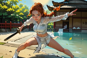 18 year old Russian named Joanna, large breasts, slender fit body, slim fit body, freckles, detailed picture, ginger hair, hairstyle, blue perfect yes,  (beautiful detailed eyes), BREAK A young Japanese woman soaked in sweat brandishes a Japanese sword under the scorching sun, full body view, action pose