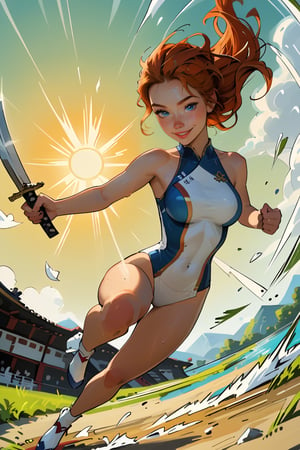 18 year old Russian named Joanna, large breasts, slender fit body, slim fit body, freckles, detailed picture, ginger hair, hairstyle, blue perfect yes,  (beautiful detailed eyes), BREAK A young Japanese woman soaked in sweat brandishes a Japanese sword under the scorching sun, full body view, action pose, jumping, jump, dynamic view, dutch_angle