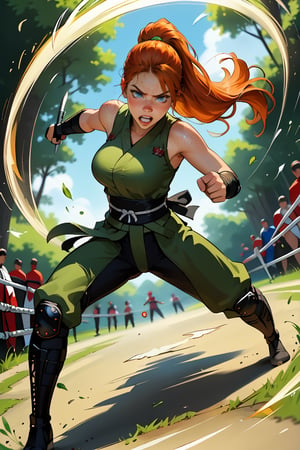 18 year old Russian named Joanna, large breasts, slender fit body, slim fit body, freckles, detailed picture, ginger hair, hairstyle, blue perfect yes,  (beautiful detailed eyes), BREAK A young Russian woman in rage brandishes a Japanese sword under an intense rain, dramatic scene, full body view, action pose, fighting a ninja, fight, nija fight, dynamic view, dutch_angle, ninja, ninja outfit, hardcore fight, 1girl, oNinja