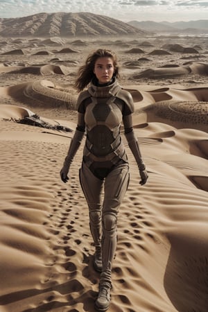 18 year old Russian girl, light brown hair girl, named Ivanna textured skin, ambient light, realistic shadows, beautiful detailed eyes, slender body, slim fit body, fit teen girl,  [[FULL BODY]], BREAK, Ivanna arrived on planet Arrakis (((DUNE))), shes wearing a stillsuit from Dune movie, at the background you see the arid landscape of planet Arrakis, ((Ivanna just arrived on the arid planet her spaceship crashed on the arid desert planet)), a colossal Sandworm is behind Ivanna far on the landscape wihtout Ivanna noticing it  