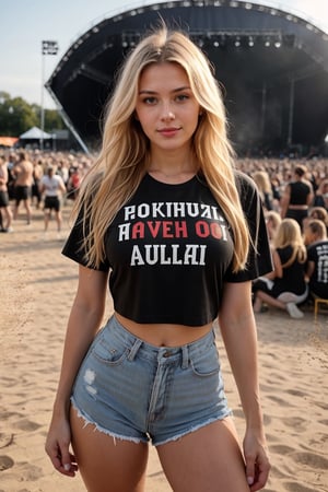 19 year old Russian girl, named Sophie, medium blonde hair, blue eyes, medium breast, dynamic view, teen girl, full body shot, 1girl, ((full body Portrait)), Naughty smille, naughty smirk, devil smille, malicious smille, (Top Quality, Masterpiece) youngwoman, slender body, (fit girl), wide thighs, black t-shirt, rolling stones logotype,  fashionable ripped jeans, at outdoor concert, rock and roll t-shirt, rock concert, daylight, outdoor, having fun, full body, concert, festival, lots of people, dancing and partying, rock concert at night, festival, jumping and dancing, night time