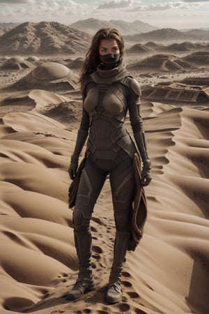 18 year old Russian girl, light brown hair girl, named Ivanna textured skin, ambient light, realistic shadows, beautiful detailed eyes, slender body, slim fit body, fit teen girl,  [[FULL BODY]], BREAK, Ivanna arrived on planet Arrakis (((DUNE))), shes wearing a stillsuit a respirator mask from Dune movie, at the background you see the arid landscape of planet Arrakis, ((Ivanna just arrived on the arid planet her spaceship crashed on the arid desert planet)), her spaceship is crashed in the arid landscape of the planet arrakis, 