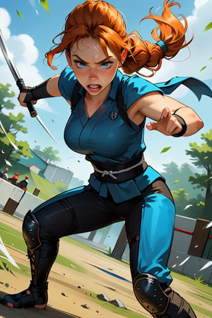 18 year old Russian named Joanna, large breasts, slender fit body, slim fit body, freckles, detailed picture, ginger hair, hairstyle, blue perfect yes,  (beautiful detailed eyes), BREAK A young Russian woman in rage brandishes a Japanese sword under an intense rain, dramatic scene, full body view, action pose, fighting a ninja, fight, nija fight, dynamic view, dutch_angle, ninja, ninja outfit, hardcore fight, 1girl, oNinja