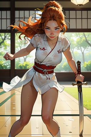 18 year old Russian named Joanna, large breasts, slender fit body, slim fit body, freckles, detailed picture, ginger hair, hairstyle, blue perfect yes,  (beautiful detailed eyes), BREAK A young Japanese woman soaked in sweat brandishes a Japanese sword under the scorching sun, full body view, action pose