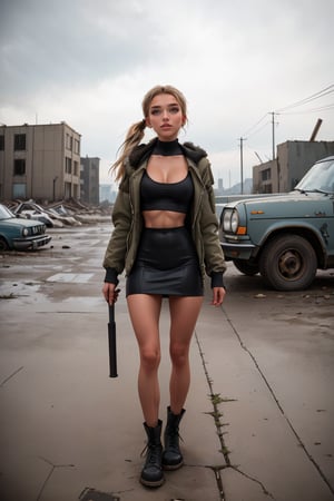 18 year old Russian girl, named Sophie slender fit body, fit body, slim body, ((long blonde hair), blue shape eyes,medium breast, fit body, teen girl, full body, 18 years old, (masterpiece),{{full body portrait}}, A lonely 18yr old girl in a nuclear wasteland. Wearing a dark grey low rise miniskirt, low waist miniskirt, {{chunky knit croptop cleavage sweater}} and long military parka, {{{exposed tummy and cleavage}}}, showing bruises on her legs, bare legs, combat boots, faded light brown hair in twin pigtails, smudged dark gothic eye makeup, ((shes holding a shotgun)).wasteland on the background, The once thriving city now lies in ruins, with crumbling buildings and abandoned vehicles scattered amidst the desolation and Zombies. Nature has started to reclaim the territory, with ((plants growing through cracks in the concrete)). The atmosphere is eerie, with a sense of loneliness and despair hanging in the air. The scene is bathed in a dark and moody light, emphasizing the post-apocalyptic setting. (((The girl's expression reflects her loneliness and the weight of the world she carries on her shoulders.))) The colors are muted, with a desaturated and faded palette, further enhancing the desolate mood of the scene., eyeliner, eyeshadow,SAM YANG,Solo girl,furiosaimp,1girl,DonMW4573L4nd, view, looking_at_viewer, looking, zombies all over, zombies Dark_Mediaval