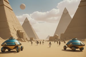 A retrofuturistic scene in ancient Egypt mixed with ((futuristic) technologies and weapons)