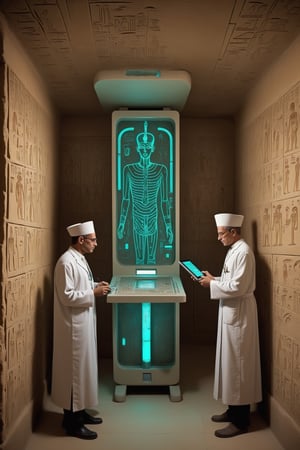 Retrofuturism. In ancient Egypt, scribes and priests operate a Ramses II's sarcophagus filled with (futuristic medical equipment) in a pharao's tomb. Fluorescent hieroglyphic-controlled control panels on the walls. High-tech medecin. Tubes. Liquid