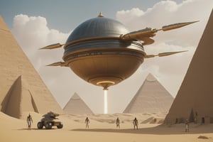 A retrofuturistic scene in ancient egypt mixed with ((futuristic) technologies and weapons)