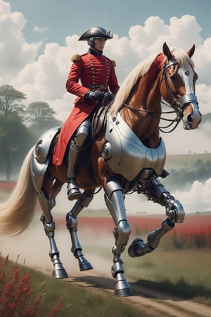 A horse with (mech cyborg sci-fi) legs in the countryside, and a 18th century english Redcoat soldier ridding the horse. Retrofuturism. Futuristic technologies.