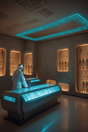 Retrofuturism. In ancient Egypt, (scribes and priests) operate  around Ramses II's sarcophagus in a pharao's tomb. The sarcophagus is in the middle of the room and filled with (futuristic medical equipment). Fluorescent hieroglyphic-controlled control panels on the walls. High-tech medecin. Tubes. Liquid