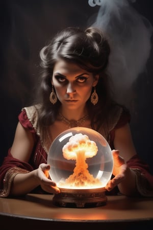 A nuclear explosion in a cristal ball, a female gypsy fortune teller

