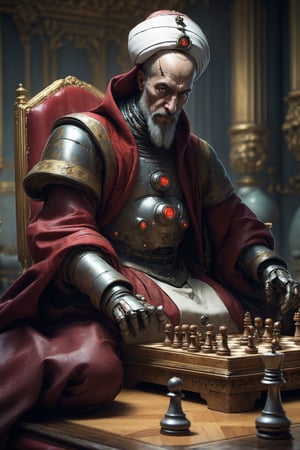  Retrofuturism. A turkish cyborg seated at a table playing chess pieces in the palace of Versailles. The cyborg  wears Ottoman robes and a turban. He has robot face with a fixed and stoic facial expression, with a hand positioned to move the chess pieces on the board. 


