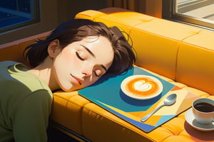  close up, a girl doze off on sofa, room, a cup of coffee on the table, midnight, golden ratio, fake detail, trending pixiv fanbox, acrylic palette knife, style of makoto shinkai studio ghibli genshin impact james gilleard greg rutkowski chiho aoshima, better photography