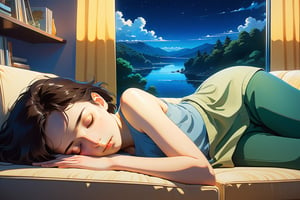 close up, a girl sleep on sofa , in the room, midnight, , golden ratio, fake detail, trending pixiv fanbox, acrylic palette knife, style of makoto shinkai studio ghibli genshin impact james gilleard greg rutkowski chiho aoshima, lofi style,style of makoto shinkai studio ghibli genshin impact james gilleard greg rutkowski chiho aoshima, lofi style, better photography