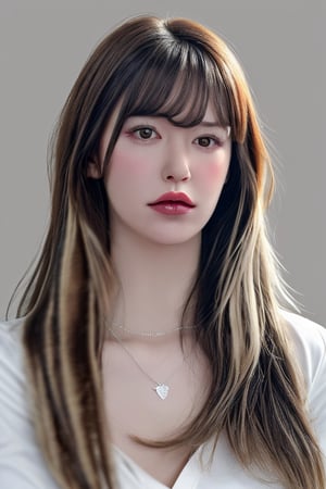 1girl, solo, long hair, looking at viewer, bangs, blonde hair, shirt, brown eyes, jewelry, closed mouth, white shirt, upper body, grey background, necklace, lips, portrait, realistic
