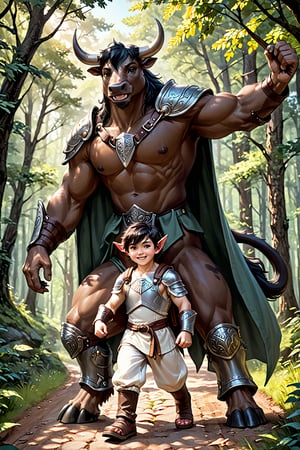 score_9, score_8_up, score_7_up, score_6_up, score_5_up, In a warm and serene sunlight, a large Minotaur walks down a winding forest road with a small human boy on his shoulders. The mighty Minotaur's strong cloven hooves firmly planted on the earth, he radiates protection and guidance. The tiny dark-haired human boy child wears a hat and a simple shirt and pants and. source_anime, source_real, 1ANTHRO (\A huge Minotaur male, semirealistic, giant, muscular, cow tail, furry hands, cloven hooves, breastplate, chest armour platemail, cloak, closed shirt, padded jacket, tunic, trousers, chainmail, furry cape, large backpack, sword\), 1BOY (\young, human male, child, dark hair, wearing hat, wearing shirt and pants)\, (grinning, smiling, happy expression, friendly, big grin,open mouth, teeth, cheesy grin), SUPERQUALITY,more detail XL,carrying, on shoulders, shoulder carry, fully_clothed, fully_dressed