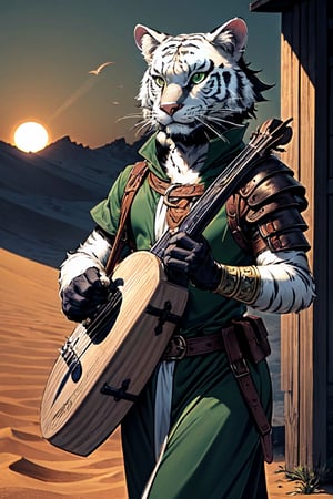 smiling, grinning, panther paws, playing the lute,holding a lute in his paws,lute,ude,musical instrument, a tall furry anthropomorphic white tigerboy with grey and black fur and with green eyes, playing the lute while walking in an arabian desert, wearing leather armour chest piece over a dark green tunic, and holding a lute, highest quality,hi res,best quality, dark green clothing, desert background, evening,setting sun in background, small head, human proportions,smiling,claws,furred paws