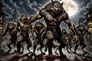 In a desolate, moonlit village, a pack of anthropomorphic werewolves stands in unison, their human-like bodies clothed in tattered armor. A dominant figure, with black torn cape billowing behind him, commands the scene. His golden eyes glow with an otherworldly intensity as he surveys his domain. Each werewolf's wolf-like head is adorned with a unique expression: hunger and starvation writ large on their faces, gaunt cheeks and jawlines accentuated by the flickering moonlight. Clawed toes and fingers flex menacingly, threatening to rend the air. The group's dynamic poses convey a sense of feral tension, as if they are poised to strike at any moment, bathed in the eerie glow of the full moon. dystopian art, group shot, pack of werewolves, anthropomorphic creatures with human-like body but wolf-like heads, epic fantasy character art, black torn cape, gauntlets, golden eyes, background with full moon, DnD, in the style of realistic and hyper-detailed renderings, 8k, detailed eyes, glowing eyes, epic, dramatic, fantastical, full body, intricate design and details, dramatic lighting, shaggy fur, body fur, clawed_toes, clawed_fingers, skinny, gaunt, hungry, starving, drooling, (anthro wolf),wolf_man, monster, multiple_boys,werewolf, dynamic poses, menacing, blood, gore,shenshou