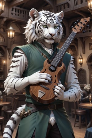 Score_9, score_8_up, score_7_up, score_6_up, score_5_up, A majestic anthropomorphic catman, a white tiger tiefling, stands on a stage in the centre of a bustling fantasy tavern performing on the lute. His slender, lean physique is draped in loose dark green shirt, green vest and pants, and brown leather armor. Bald, with green slit eyes gleaming mischievously, he sports a mischievous grin, showcasing sharp white teeth. His clawed fingers, adorned with black claws on fingertips, are outstretched, holding an intricately detailed lute. He has two left hands. skinny, gaunt, starving, Tiger,Anthro, Furry, Anthro,fluffy,fur,detailed fur,body fur,tuft,Extremely Realistic