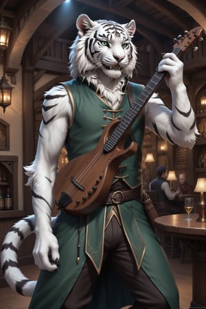 Score_9, score_8_up, score_7_up, score_6_up, score_5_up, A majestic anthropomorphic catman, a white tiger tiefling, stands on a stage in the centre of a bustling fantasy tavern performing on the lute. His slender, lean physique is draped in loose dark green shirt, green vest and pants, and brown leather armor. Bald, with green slit eyes gleaming mischievously, he sports a mischievous grin, showcasing sharp white teeth. His clawed fingers, adorned with black claws on fingertips, are outstretched, holding an intricately detailed lute. He has two left hands. skinny, gaunt, starving, Tiger,Anthro, Furry, Anthro,fluffy,fur,detailed fur,body fur,tuft,Extremely Realistic