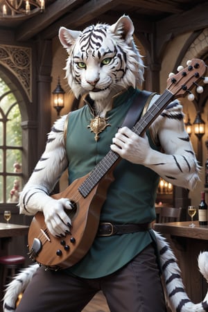 Score_9, score_8_up, score_7_up, score_6_up, score_5_up, A majestic anthropomorphic catman, a white tiger tiefling, stands on a stage in the centre of a bustling fantasy tavern performing on the lute. His slender, lean physique is draped in loose dark green shirt, green vest and pants, and brown leather armor. Bald, with green slit eyes gleaming mischievously, he sports a mischievous grin, showcasing sharp white teeth. His clawed fingers, adorned with black claws on fingertips, are outstretched, holding an intricately detailed lute. He has two left hands. skinny, gaunt, starving, Tiger,Anthro, Furry, Anthro,fluffy,fur,detailed fur,body fur,tuft,Extremely Realistic