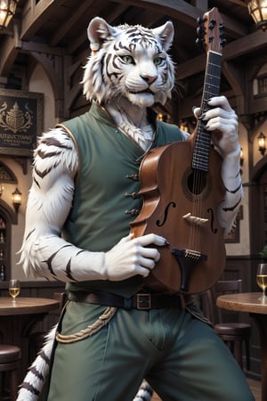 Score_9, score_8_up, score_7_up, score_6_up, score_5_up, A majestic anthropomorphic catman, a white tiger tiefling, stands on a stage in the centre of a bustling fantasy tavern performing on the lute. His slender, lean physique is draped in loose dark green shirt, green vest and pants, and brown leather armor. Bald, with green slit eyes gleaming mischievously, he sports a mischievous grin, showcasing sharp white teeth. His clawed fingers, adorned with black claws on fingertips, are outstretched, holding an intricately detailed lute. He has two left hands. skinny, gaunt, starving, Tiger,Anthro, Furry, Anthro,fluffy,fur,detailed fur,body fur,tuft,Extremely Realistic