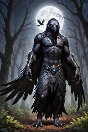 Score_9, Score_9_up,  score_8_up,  score_7_up, score_6_up, score_5_up, A majestic half-man, half-raven creature stands tall in a dark forest at night. The camera zooms in on its face, sharp focus revealing piercing bright blue eyes that seem to glow with an otherworldly intensity. Its raven-headed features are set in a determined expression, with sharp jawline and prominent cheekbones. A flowing black cloak billows behind it like a dark cloud. In the background, twisted tree branches loom large under the moonlight. Black wings sprout from its back, covered in high-detail black feathers that appear as soft as silk. Strong arms end in razor-sharp talons. The subject's grey feather beard catches the faint light, adding an air of mystique to its already formidable presence. SUPERQUALITY, black beak, grey hair, black body, black fur, body feathers, body fur, black fur, black feathers, talons, male, masculine, ravens, anthro, furry, human raven hybrid