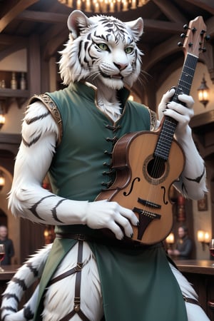 Score_9, score_8_up, score_7_up, score_6_up, score_5_up, A majestic anthropomorphic catman, a white tiger tiefling, stands on a stage in the centre of a bustling fantasy tavern performing on the lute. His slender, lean physique is draped in loose dark green shirt, green vest and pants, and brown leather armor. Bald, with green slit eyes gleaming mischievously, he sports a mischievous grin, showcasing sharp white teeth. His clawed fingers, adorned with black claws on fingertips, are outstretched, holding an intricately detailed lute. He has two left hands. skinny, gaunt, starving, Tiger,Anthro, Furry, Anthro,fluffy,fur,detailed fur,body fur,tuft,Extremely Realistic