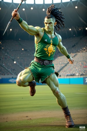 score_9,score_8_up,score_7_up,score_6_up, 4K fantasy anime style, digital drawing mode, green skinned male orc barbarian, orc man with black hair in dreadlocks, wild green eyes, leaning backwards, wearing sports clothes reminiscent of primitive barbarian armor adorned with skulls and golden tribal tattoos, male olympic athlete, holding a long (spear, javelin) up across his chest ready to throw, background of an olympic stadium, green skin tone, full_body, dynamic pose, throwing, detailed clothing and skin texture, sports shoes, full HD, 4K, HDR, depth of field, action shot, holding javelin, raised hand, realistic, photoreal, photorealistic,source_anime,Unlimited Blade Works,Spear,holding weapon, aiming