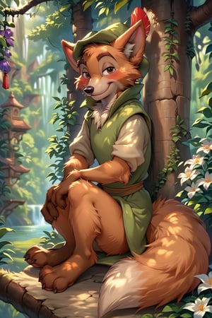 score_9, score_8_up, score_7_up, score_6_up, score_5_up, score_4_up, disney, robin hood, fully clothed, solo, male fox, source_furry, source_cartoon, retro style,detailed fur,body fur,tuft,fluffy, bushy tail, brown eyes, headwear, tunic, full body, smiling, sitting up in a tree, sitting in the canopy,