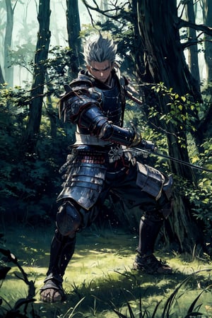 1boy, vergil, (samurai armor:1.1), holding a japanese katana, standing in a forest clearing, holding_weapon, dynamic pose, determined, fighting_stance, traditional japanese ink style,xjrex, looking at viewer, full_body